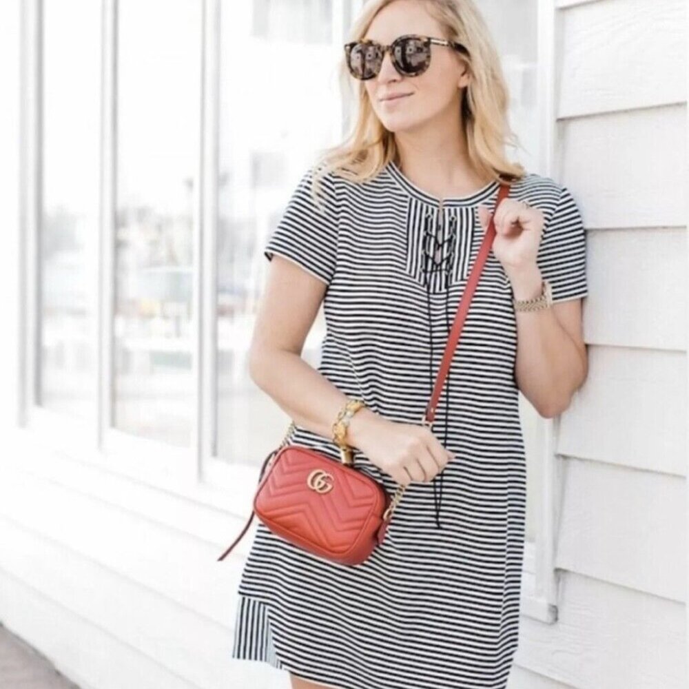 CABI Womens Size XL Captain Tie Neck Nautical Dress Navy White Stripped 5268